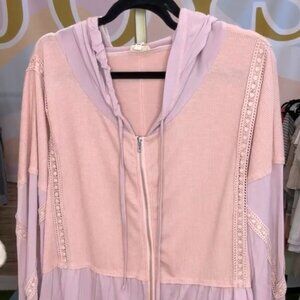 LADIES SIZE S POL MAUVE PINK PURPLE LONG SLEEVE FULL ZIP HOODIE CROCHET ACCENTS